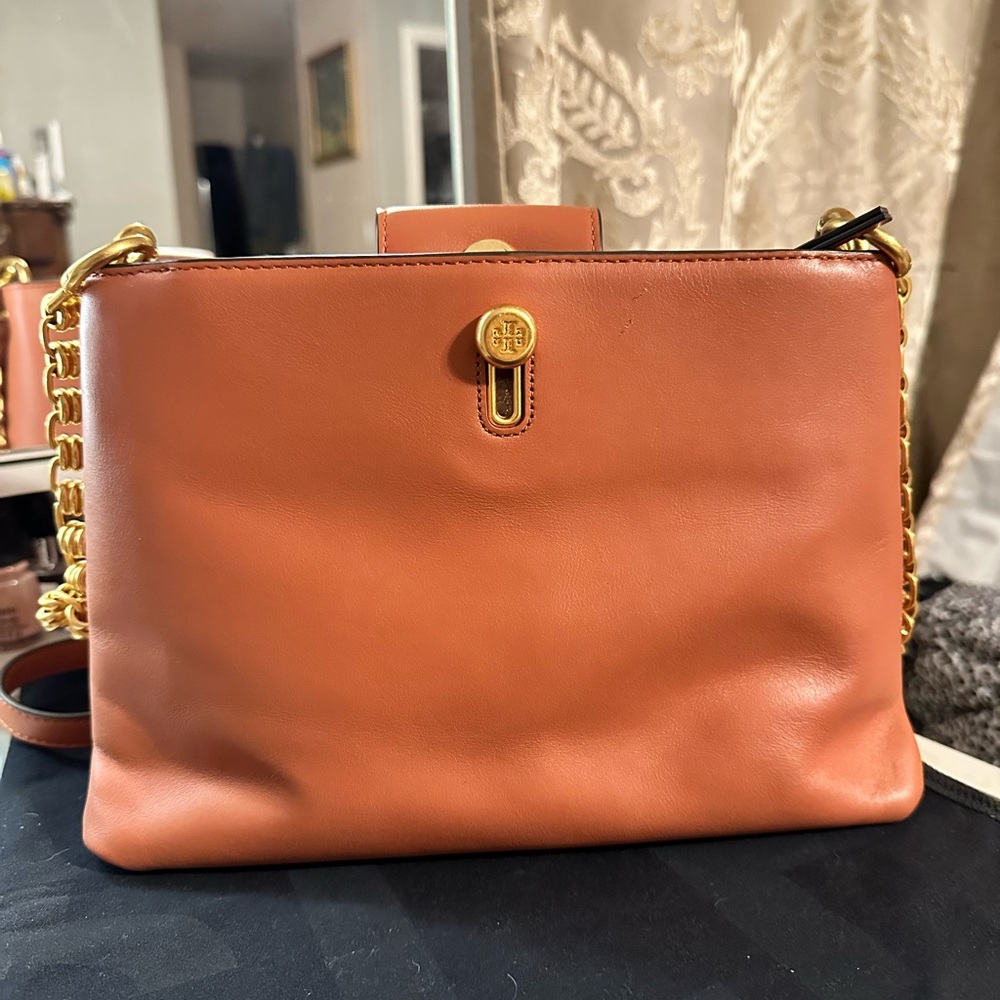 Tory Burch Tan Leather Crossbody Bag with Gold Chain